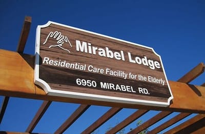 Sign for Mirabel Lodge, a residential care facility