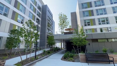 View of landscaped outdoor space between buildings