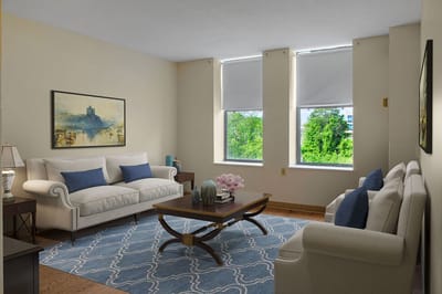 Bright living area with couches and artwork