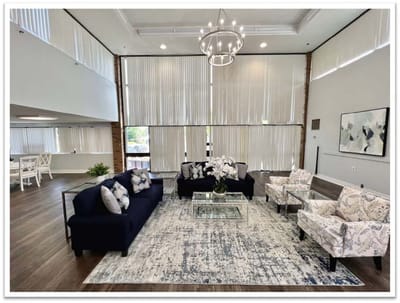 Bright common area with comfortable seating and decor