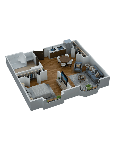 3D floor plan of a resident room layout