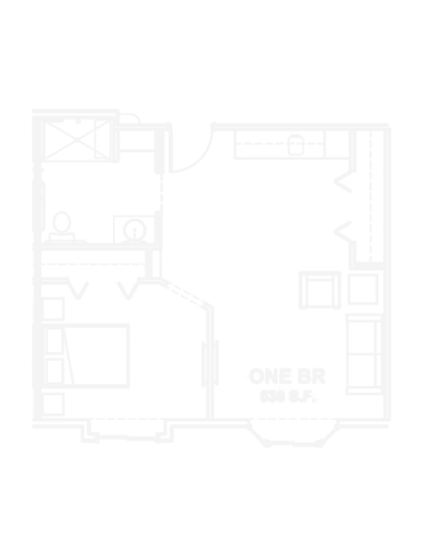 Architectural floor plan of a one-bedroom unit