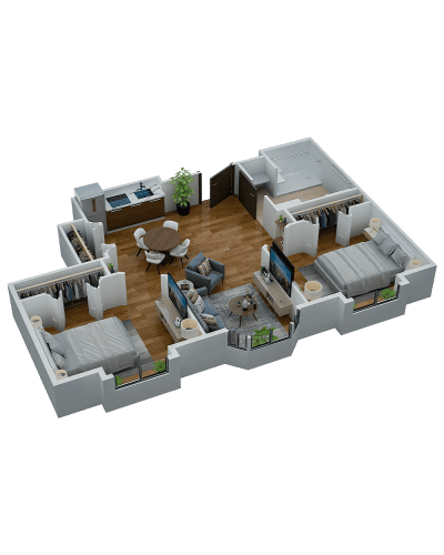 A floor plan of a two-bedroom apartment layout