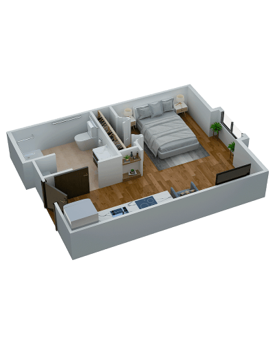 3D rendering of a private resident room layout