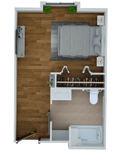 A layout of a private resident room with a bathroom