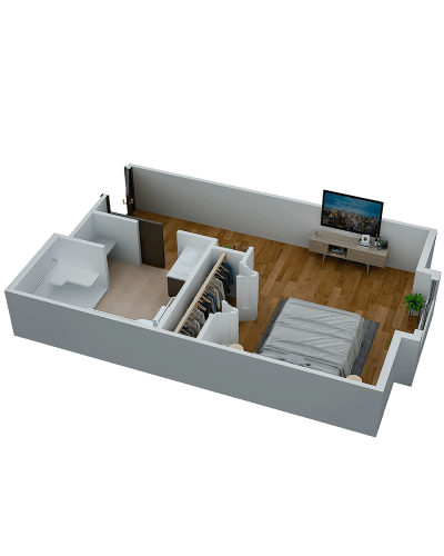 3D floor plan of a private resident room