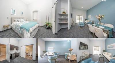 Interior view of a furnished senior living room and bedroom