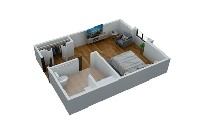 3D floor plan of a resident room with furniture