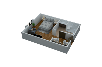 Floor plan of a one-bedroom living unit