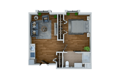 Floor plan of a one-bedroom unit