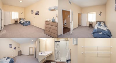 Private resident room with bed, desk, and bathroom