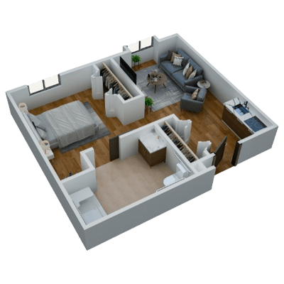 3D floor plan of a resident room layout
