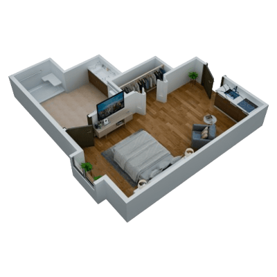 Rendered layout of a private resident room