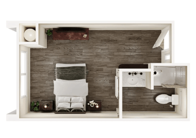 Floor plan of a private resident room with amenities