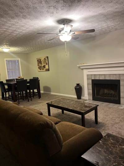 Cozy living area with couch and dining table