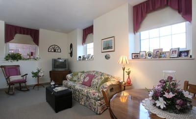 Cozy lounge area with comfortable seating and decorations