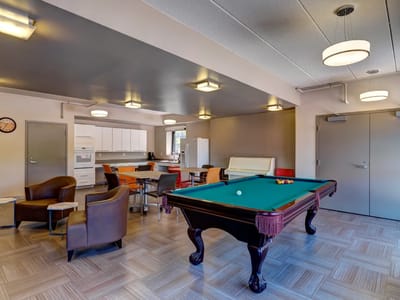 Activity room with billiards and seating area