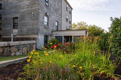 Exterior view of Grinnell Mansion surrounded by garden flowers