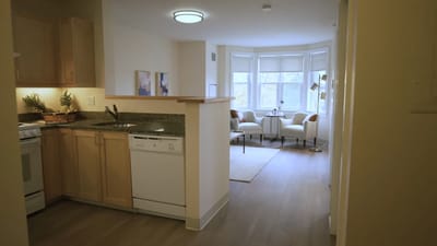 Cozy interior view of a resident's kitchen and living area