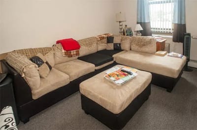 Cozy living room area with a couch and decorative items