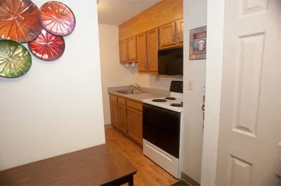 Interior view of a kitchen in a senior living apartment