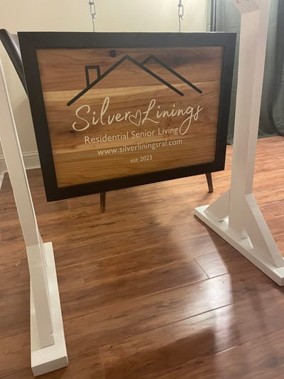 Wooden sign for Silver Linings Senior Living