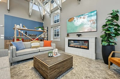 Cozy common area with seating and art
