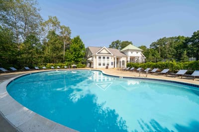 Outdoor swimming pool surrounded by seating and greenery