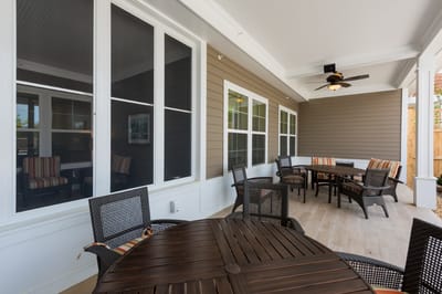Outdoor patio area with seating and tables