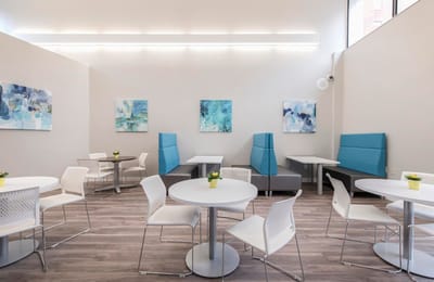 Bright and inviting common area with seating