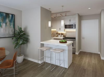 Modern kitchen interior with dining area