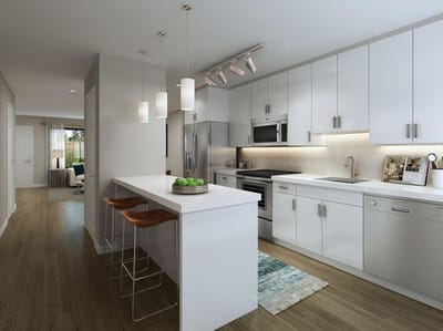 Modern kitchen interior with white cabinets and island