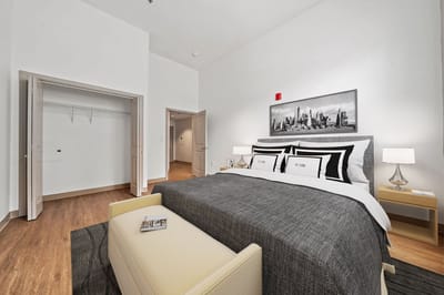 A modern and bright bedroom in an assisted living facility