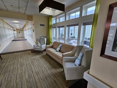 Bright interior common area with seating