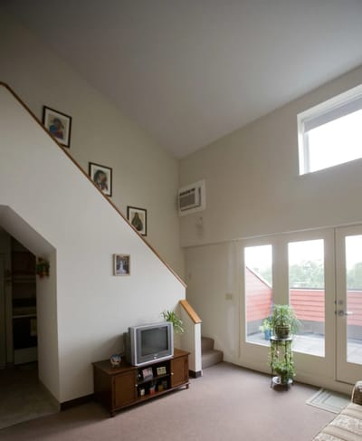 Bright interior of a facility room with plants and TV