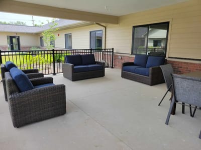 Outdoor seating area with comfortable couches