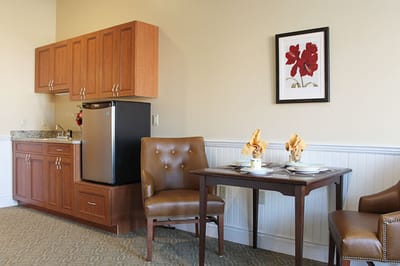 Comfortable resident room with kitchenette and dining setup
