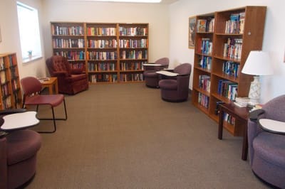 Cozy reading area with bookshelves and seating