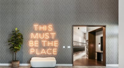 Interior view of a common area with decorative signage