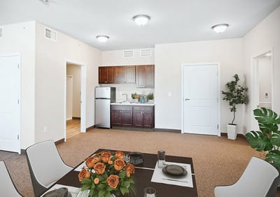 Interior view of a resident room with kitchen area