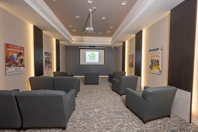 Interior view of a common area with seating for residents