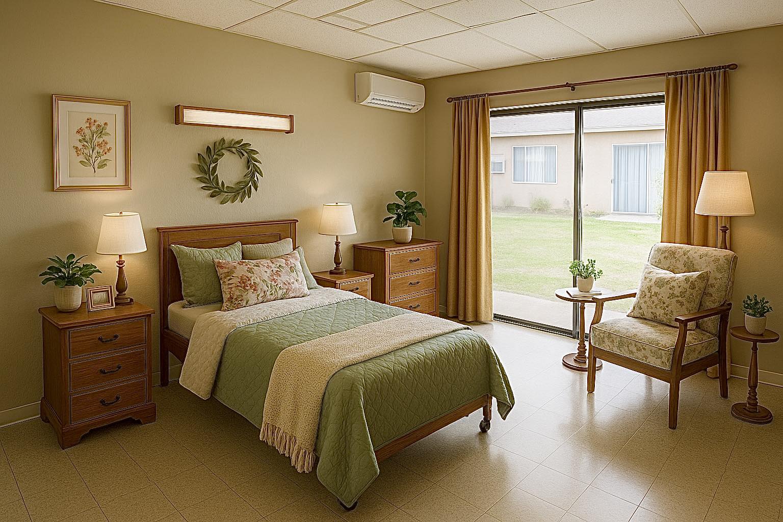 Cozy private resident room with a bed and chair