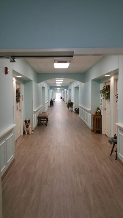 Bright hallway in a senior living facility