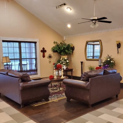 Comfortable lounge area with seating and decorations