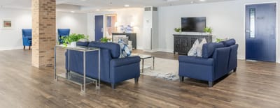 Interior common area with seating and decorative elements