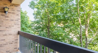 View from a balcony with green trees in the background