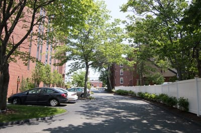 Parking lot surrounded by trees at a senior living facility