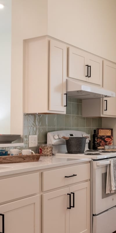 Kitchen area with cabinets and countertop