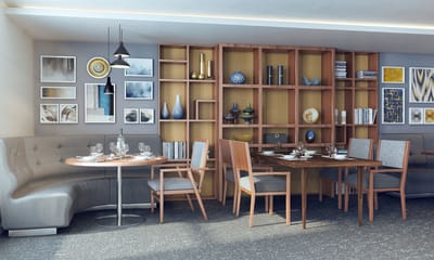 Stylish dining area with modern decor and seating