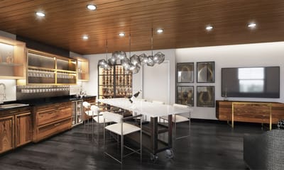 Modern facility interior featuring a kitchen and dining area